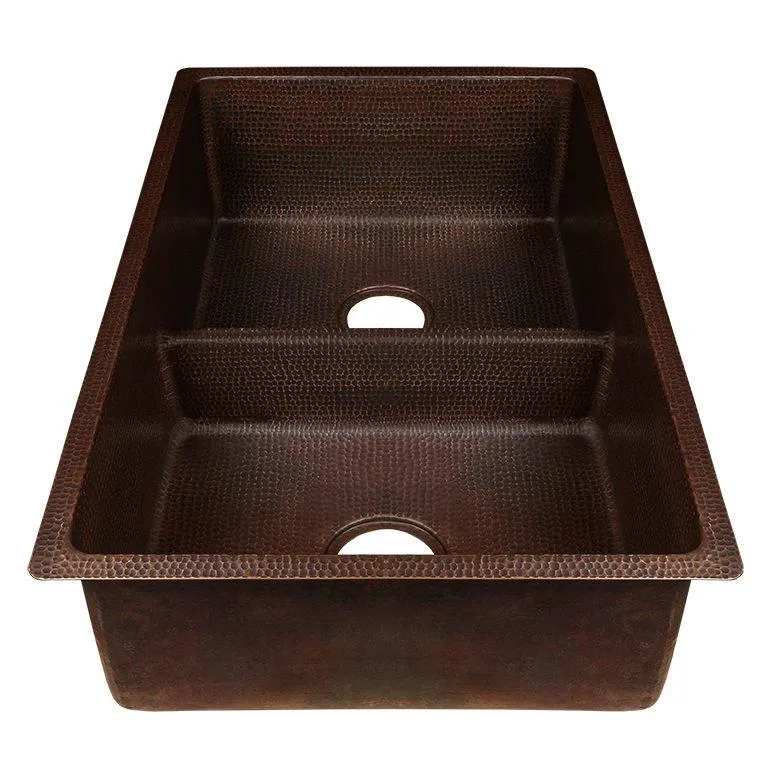 33‚Ä≥ Hammered Copper 50/50 Double Basin Kitchen Sink with Short 5‚Ä≥ Divider