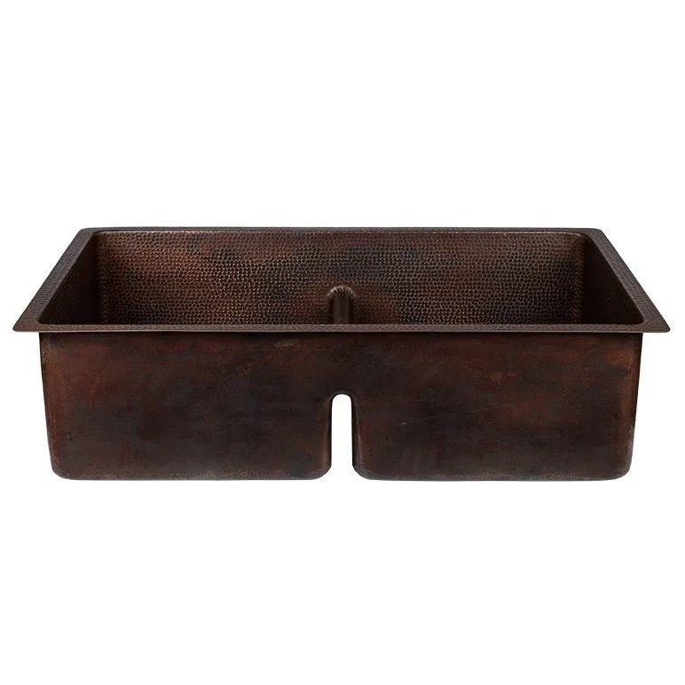 33‚Ä≥ Hammered Copper 50/50 Double Basin Kitchen Sink with Short 5‚Ä≥ Divider