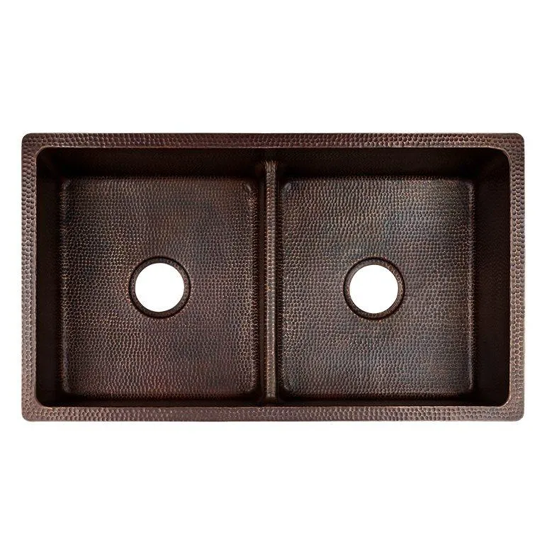 33‚Ä≥ Hammered Copper 50/50 Double Basin Kitchen Sink with Short 5‚Ä≥ Divider
