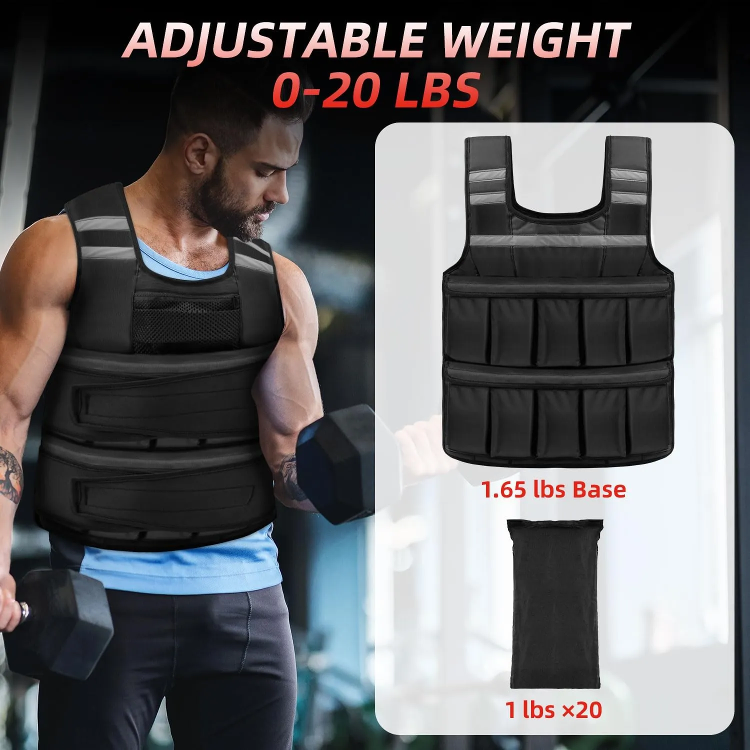Adjustable Weighted Vest for Women and Men, 1-11 lbs/2-22 lbs/2-32 lbs Weighted Vest for Running, Walking, Strength Training with Reflective Strip & Storage Bag