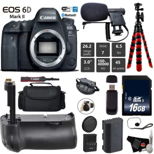 Canon EOS 6D Mark II DSLR Camera (Body Only)   Professional Battery Grip   Condenser Microphone   Case   Wrist Strap Base Bundle