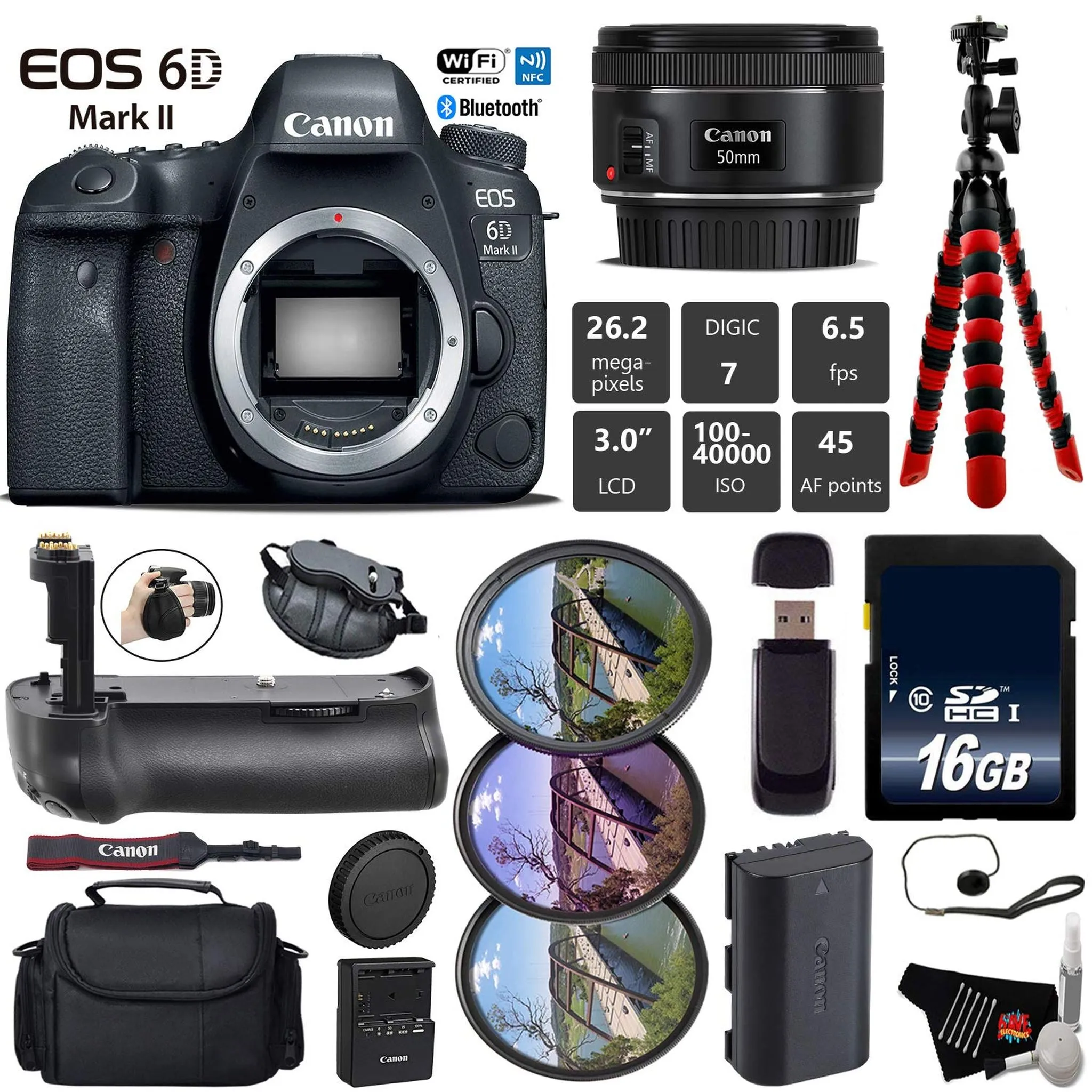 Canon EOS 6D Mark II DSLR Camera with 50mm f/1.8 STM Lens   Professional Battery Grip   UV FLD CPL Filter Kit   Case Base Bundle