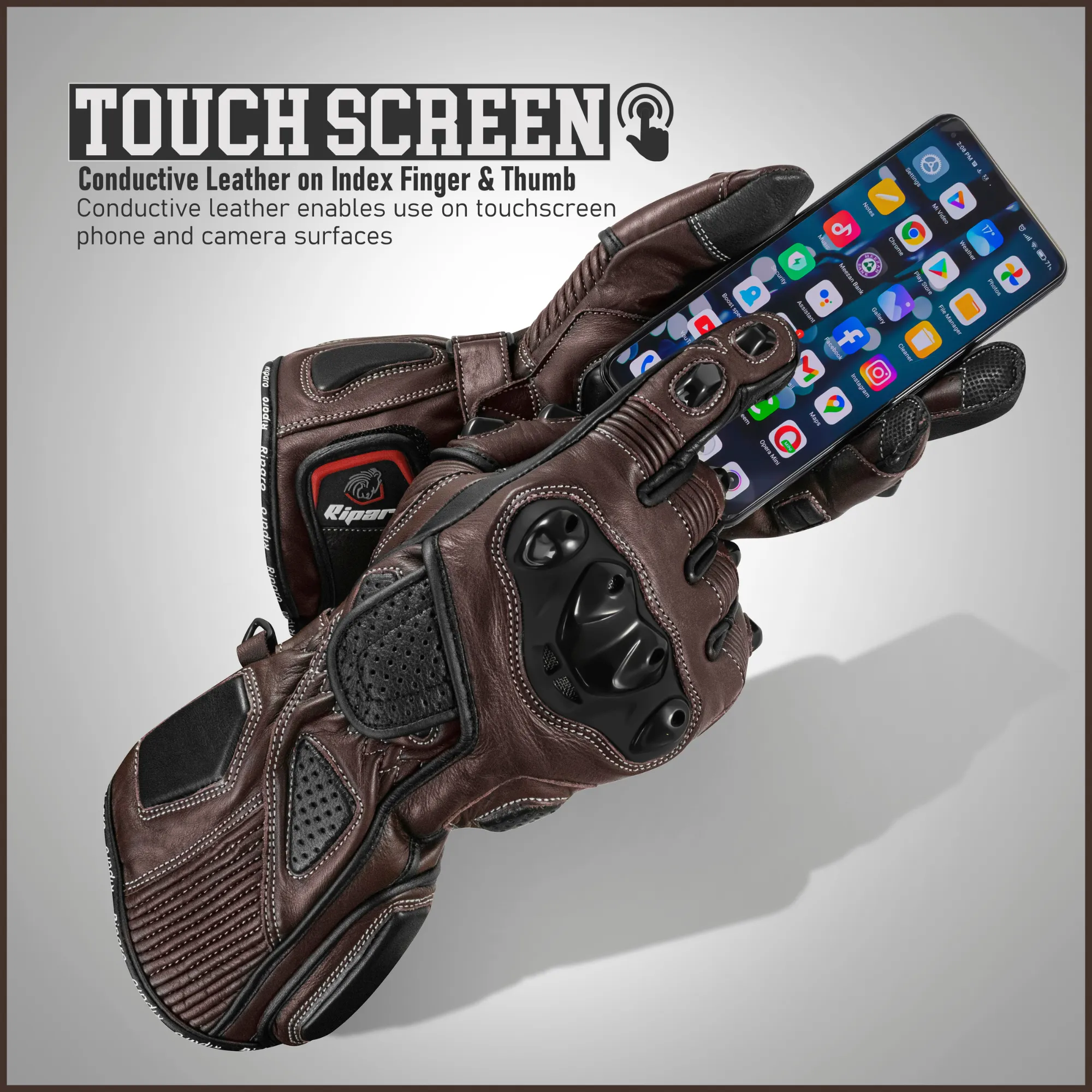 Genuine Leather Full Gauntlet Motorcycle Gloves - Brown