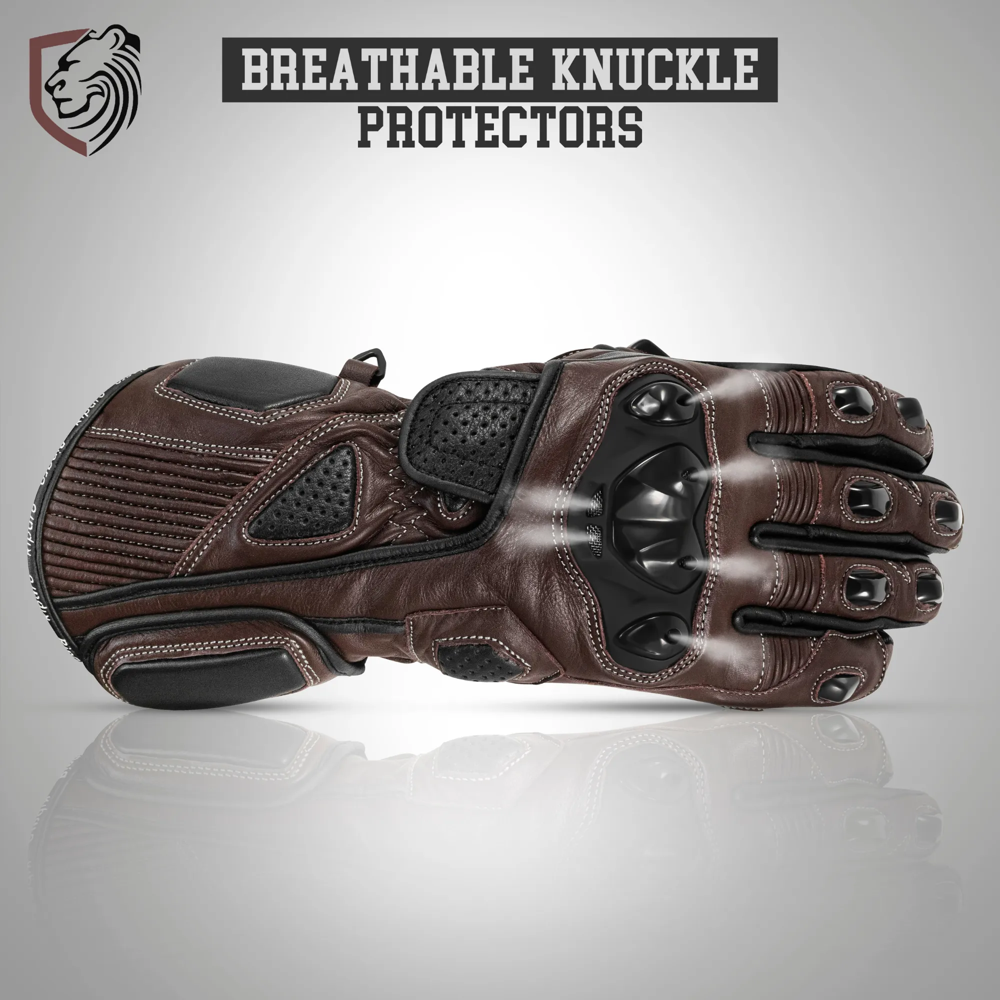 Genuine Leather Full Gauntlet Motorcycle Gloves - Brown