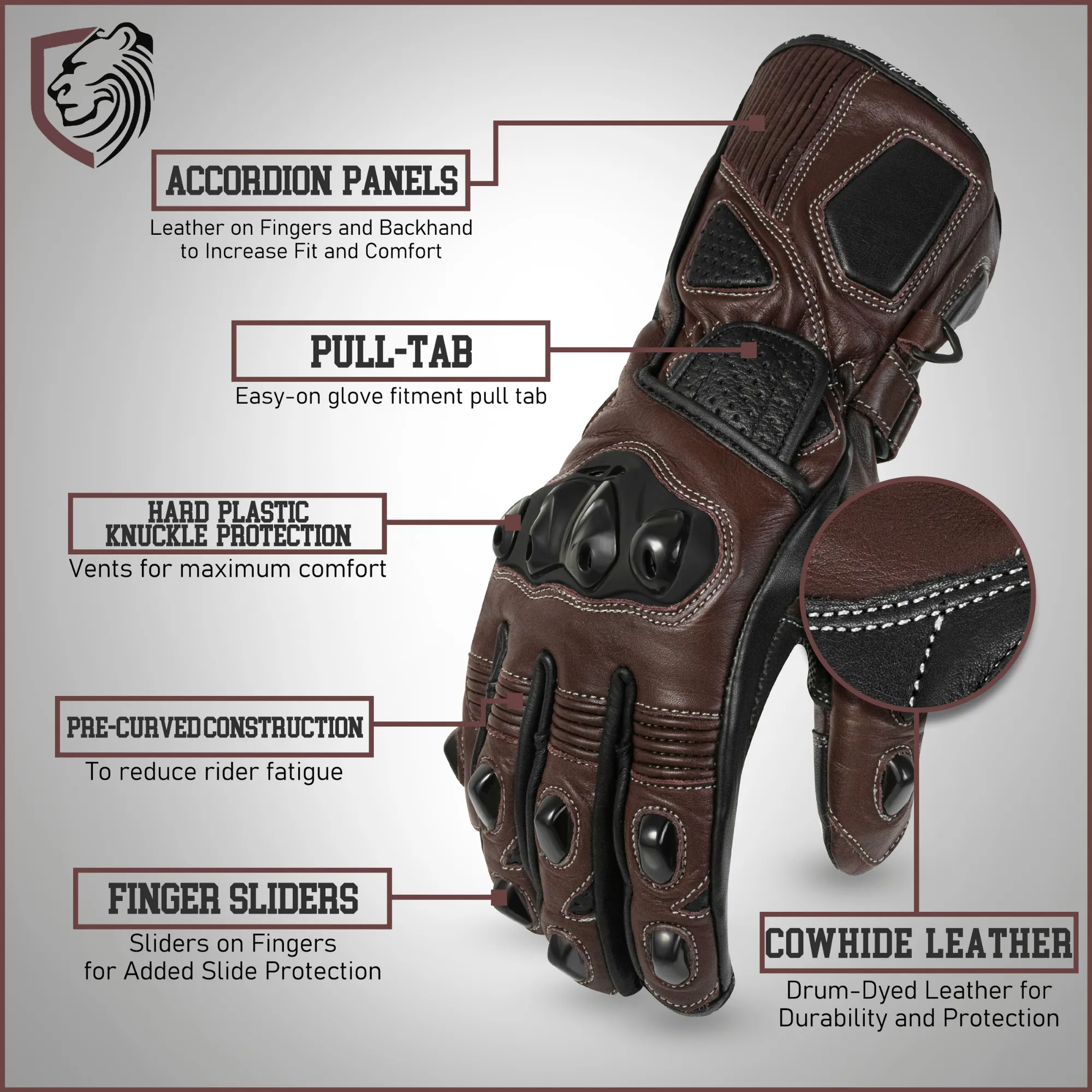 Genuine Leather Full Gauntlet Motorcycle Gloves - Brown