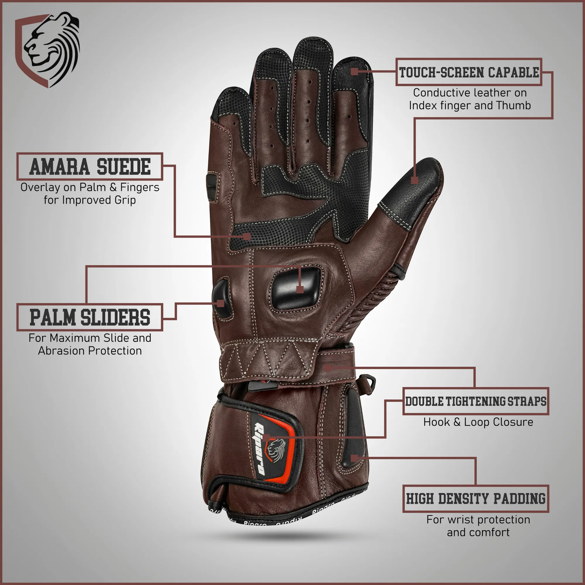 Genuine Leather Full Gauntlet Motorcycle Gloves - Brown